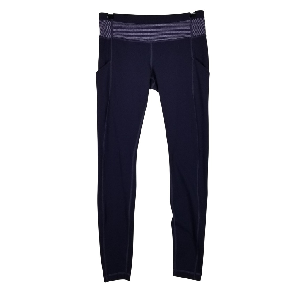 Lululemon Speed Up Tight Leggings Women 8 Navy Blue Striped Waistband Pockets